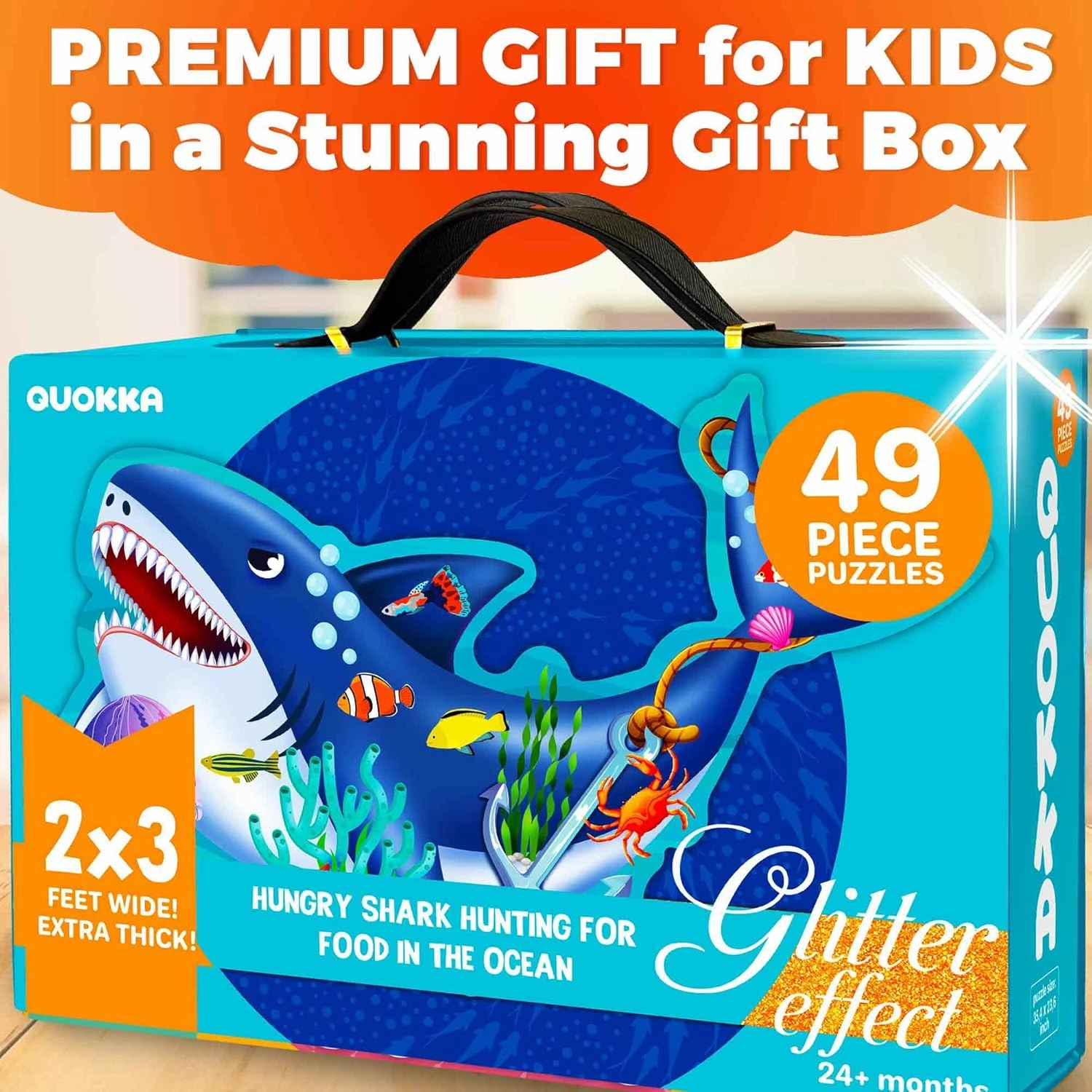 QUOKKA Glitter Floor Puzzles for Kids Ages 3-5 - 2x3 FT 48 Piece Puzzles for Toddlers 2-4 - Shaped Large Giant Educational Toddler Puzzles Ages 24  Months - Shark Toy Activity Game for Boys and Girls
