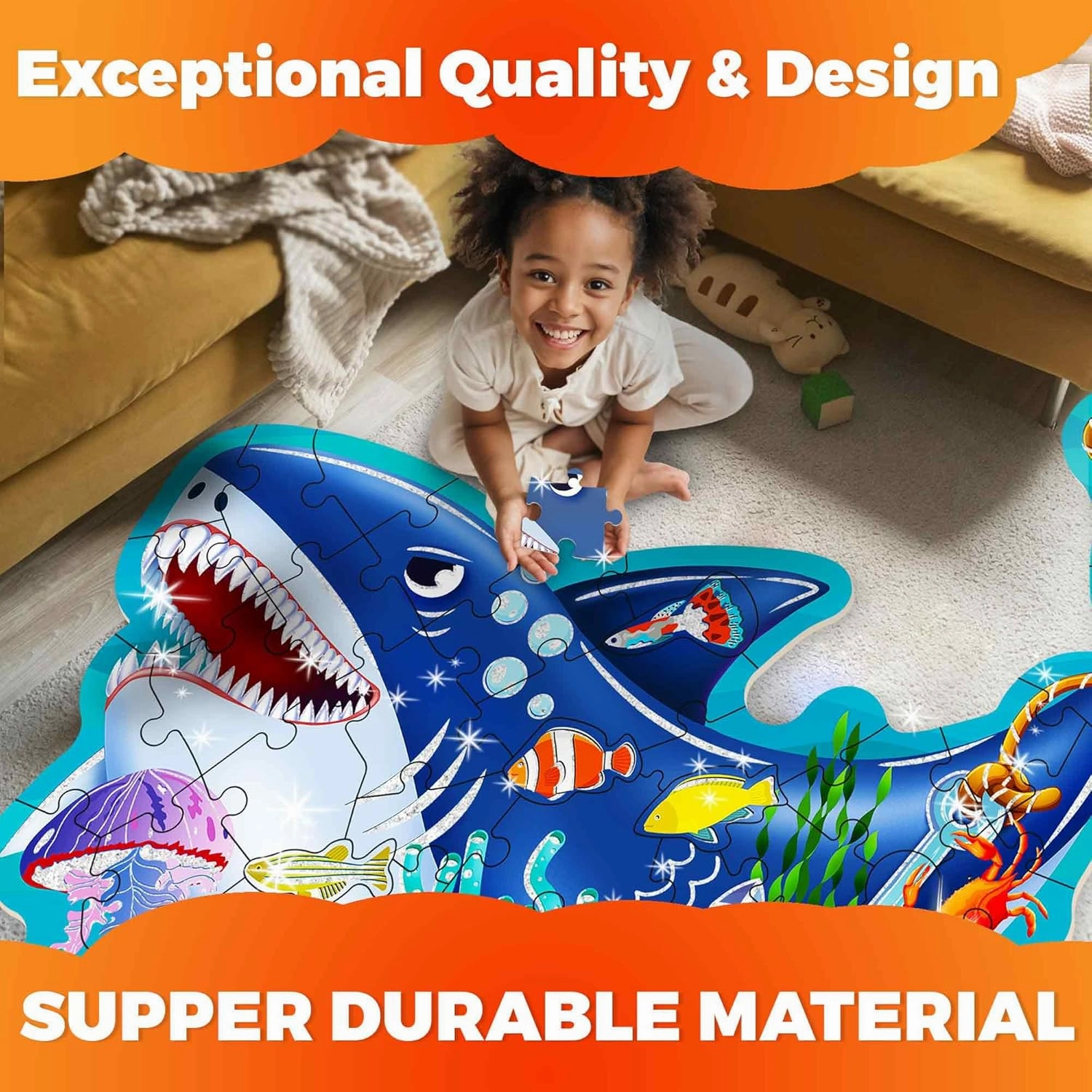 QUOKKA Glitter Floor Puzzles for Kids Ages 3-5 - 2x3 FT 48 Piece Puzzles for Toddlers 2-4 - Shaped Large Giant Educational Toddler Puzzles Ages 24  Months - Shark Toy Activity Game for Boys and Girls