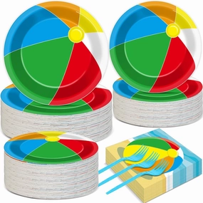 Qyeahkj 50 Guests Beach Ball Party Plates and Napkins Tableware Set Summer Pool Birthday Party Dinnerware Supplies Favors Decorations for Kids Boys Girls Summer Camp