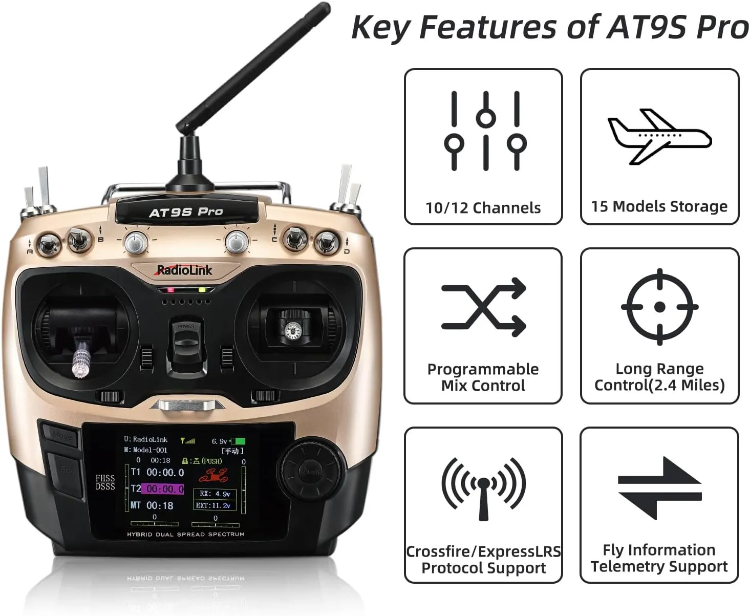 Radiolink AT9S Pro 10/12 Channels 2.4GHz RC Transmitter and Receiver R9DS Radio Remote Long Range Control for FPV Racing Drone/Quad/Airplane and More (Mode 2 Left Hand)