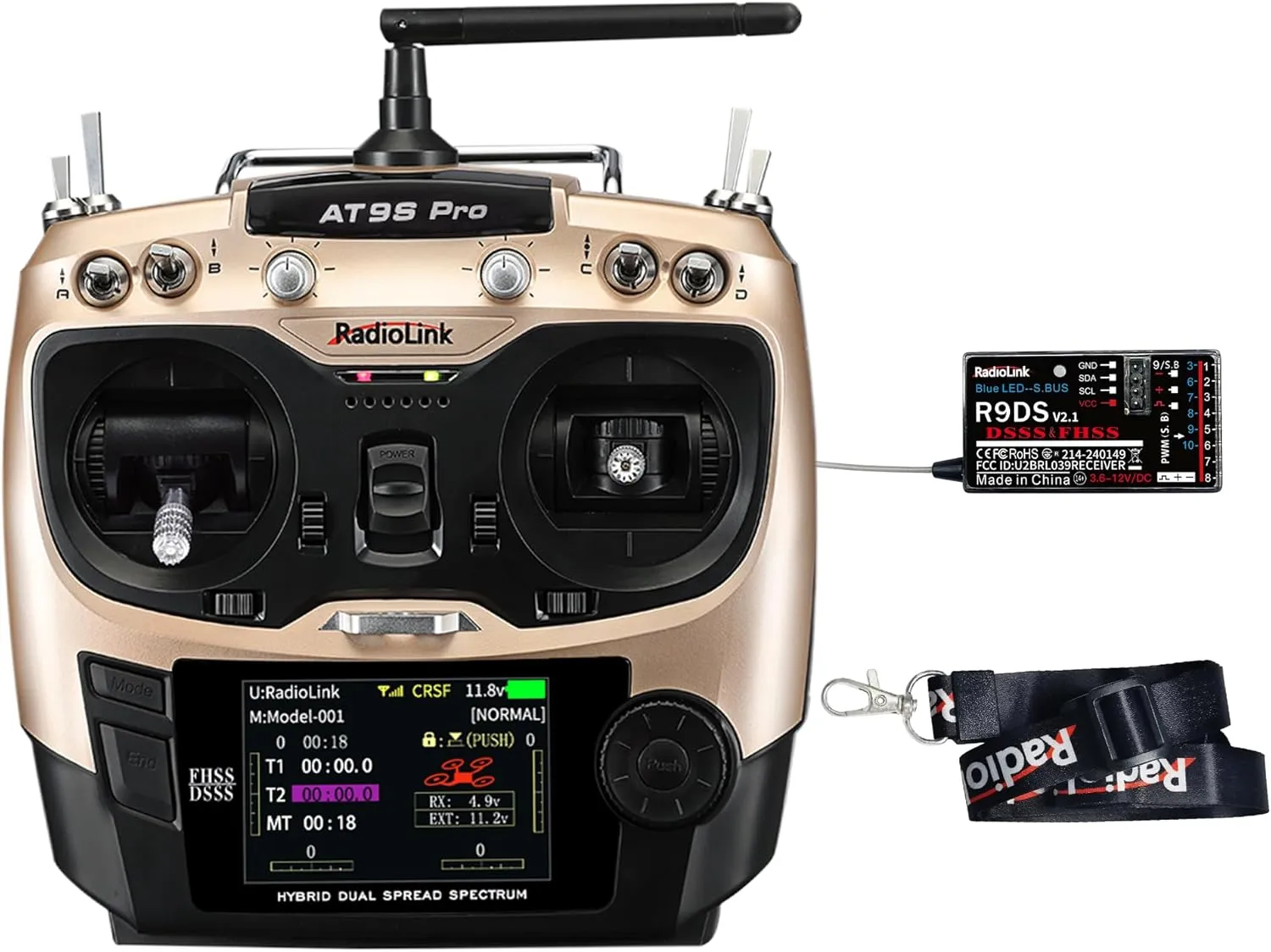 Radiolink AT9S Pro 10/12 Channels 2.4GHz RC Transmitter and Receiver R9DS Radio Remote Long Range Control for FPV Racing Drone/Quad/Airplane and More (Mode 2 Left Hand)