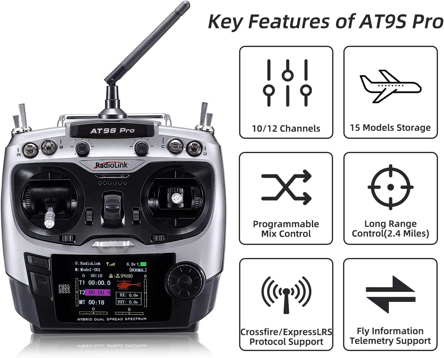 Radiolink AT9S Pro 10/12 Channels Radio Transmitter and Receiver R9DS, Long Range for Airplane/Jet/FPV Racing Drone/Quad/RC Truck Car/Boat and More (Mode 2 Left Hand)