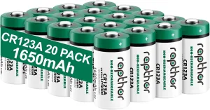 rapthor CR123A 3V Lithium Batteries 20 Pack 1650mAh High Power CR123 CR17345 for Flashlights Microphone Toy Smoke Detector Alarm System Non-Rechargeable CR123 Photo Battery (Not for Arlo)