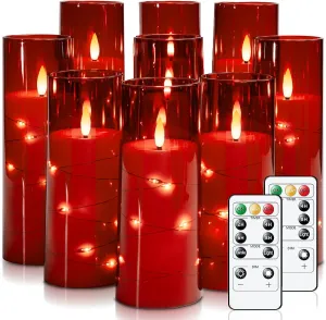 Raycare Flameless Candles with Embedded Star String, 9 Pcs Battery Operated Acrylic Pillar Candles with Timer and Remote, LED Candles for Romantic Ambiance and Home Decoration (Red)