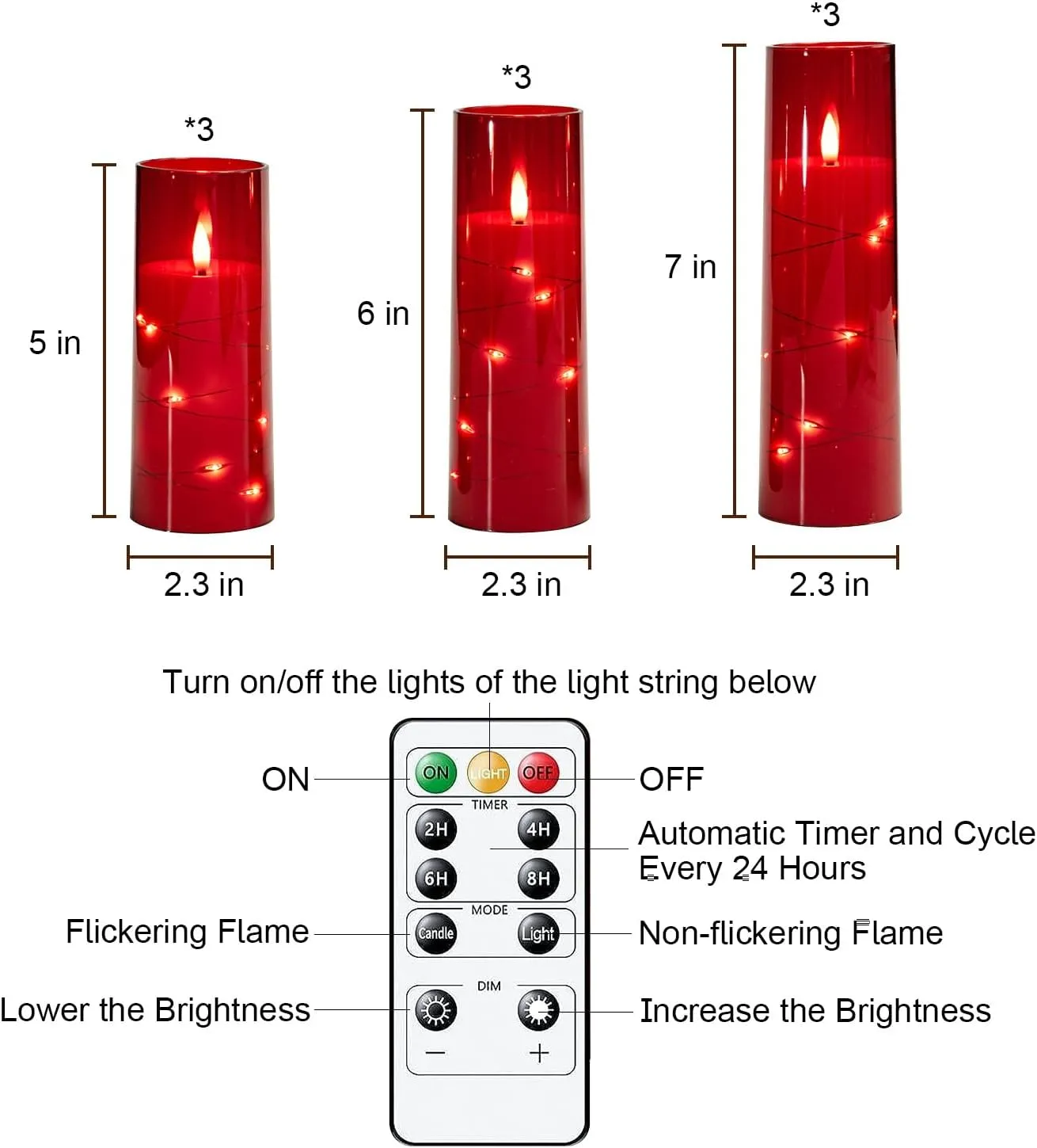 Raycare Flameless Candles with Embedded Star String, 9 Pcs Battery Operated Acrylic Pillar Candles with Timer and Remote, LED Candles for Romantic Ambiance and Home Decoration (Red)