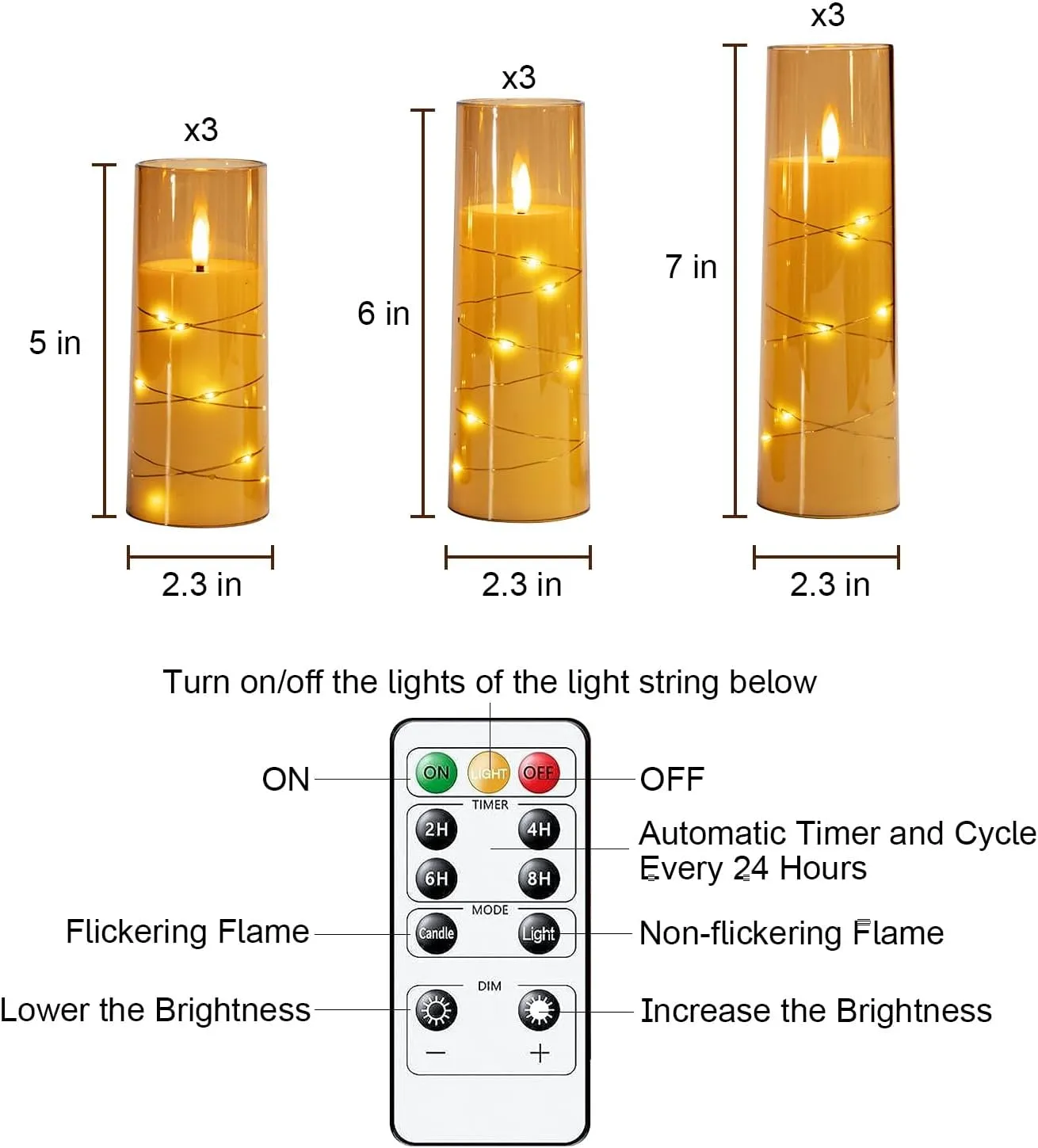Raycare Flameless LED Candles with Embedded Star String, 9 Pcs Battery Operated Acrylic Pillar Candles with Timer and Remote, Flickering Candle for Romantic Ambiance and Home Decoration(Glod)