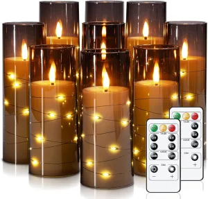 Raycare Flameless LED Candles with Embedded Star String, 9 Pcs Battery Operated Acrylic Pillar Candles with Timer and Remote, Flickering for Romantic Ambiance and Home Decoration (Grey)
