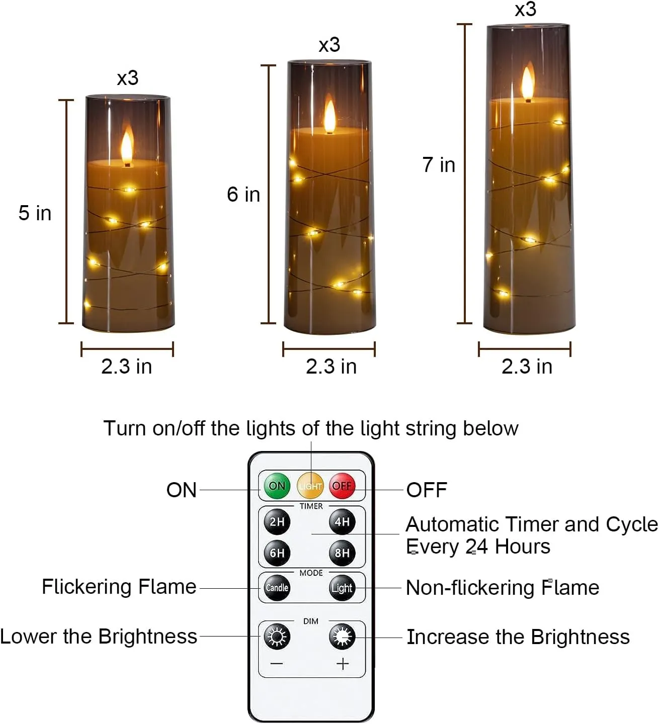 Raycare Flameless LED Candles with Embedded Star String, 9 Pcs Battery Operated Acrylic Pillar Candles with Timer and Remote, Flickering for Romantic Ambiance and Home Decoration (Grey)