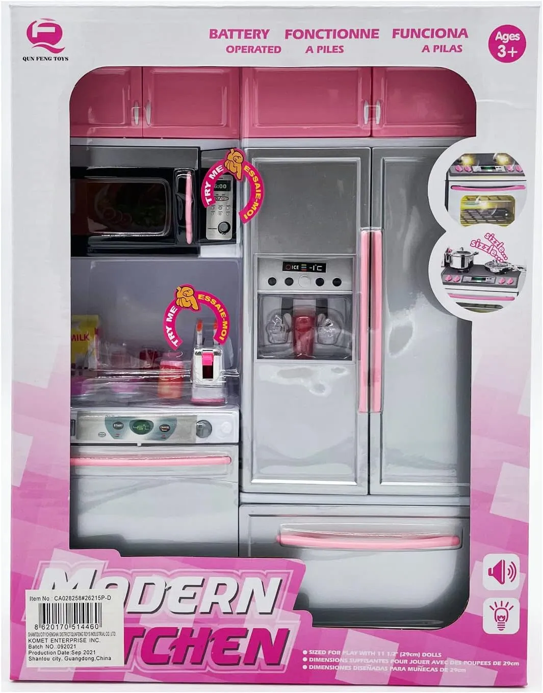 RBN Doll Size Pink Kitchen Cooking Toy Play Set Play House & Accessories with Doll Girls Pretend Play Furniture Appliances with Lights & Sound