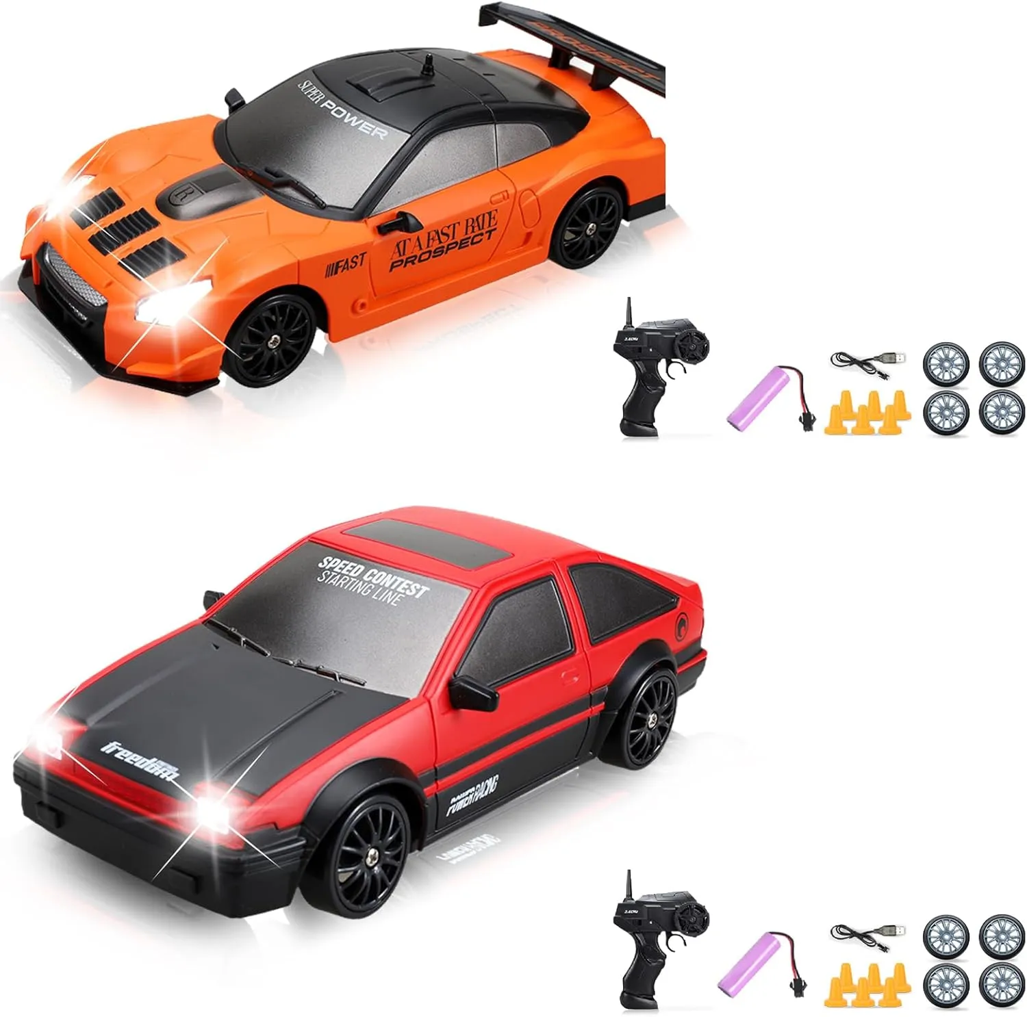 RC Cars, 1/24 2.4GHz 4WD Drift Car, High Speed RC Car with LED Lights, Rechargeable Battery, 2 Count (4 units), Ages 6 