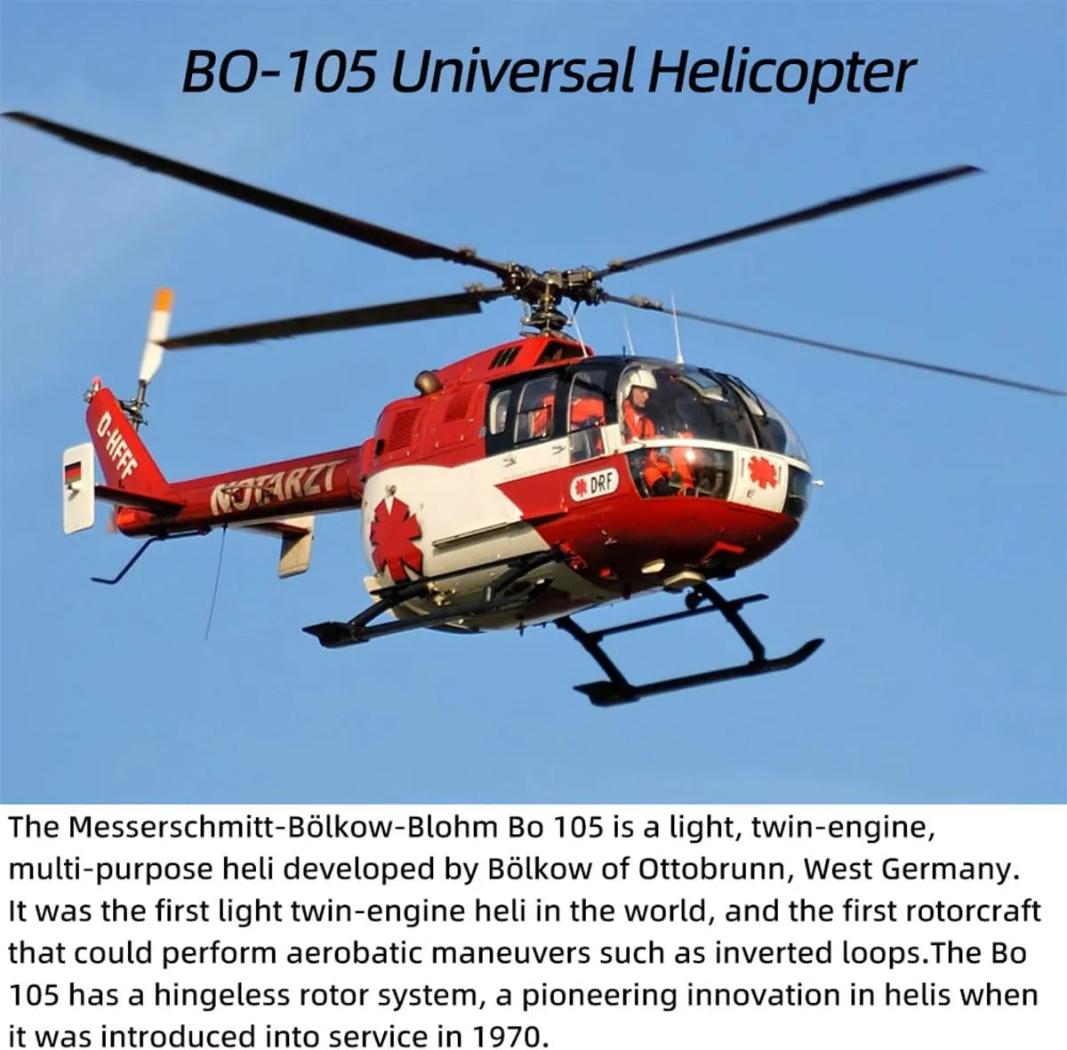 RC Helicopter Model, BO105 470-Class 2.4G 6CH Quick Detachable Propellers Scale RC Military Airplane Model with H1 Flight Controller, GPS Positioning