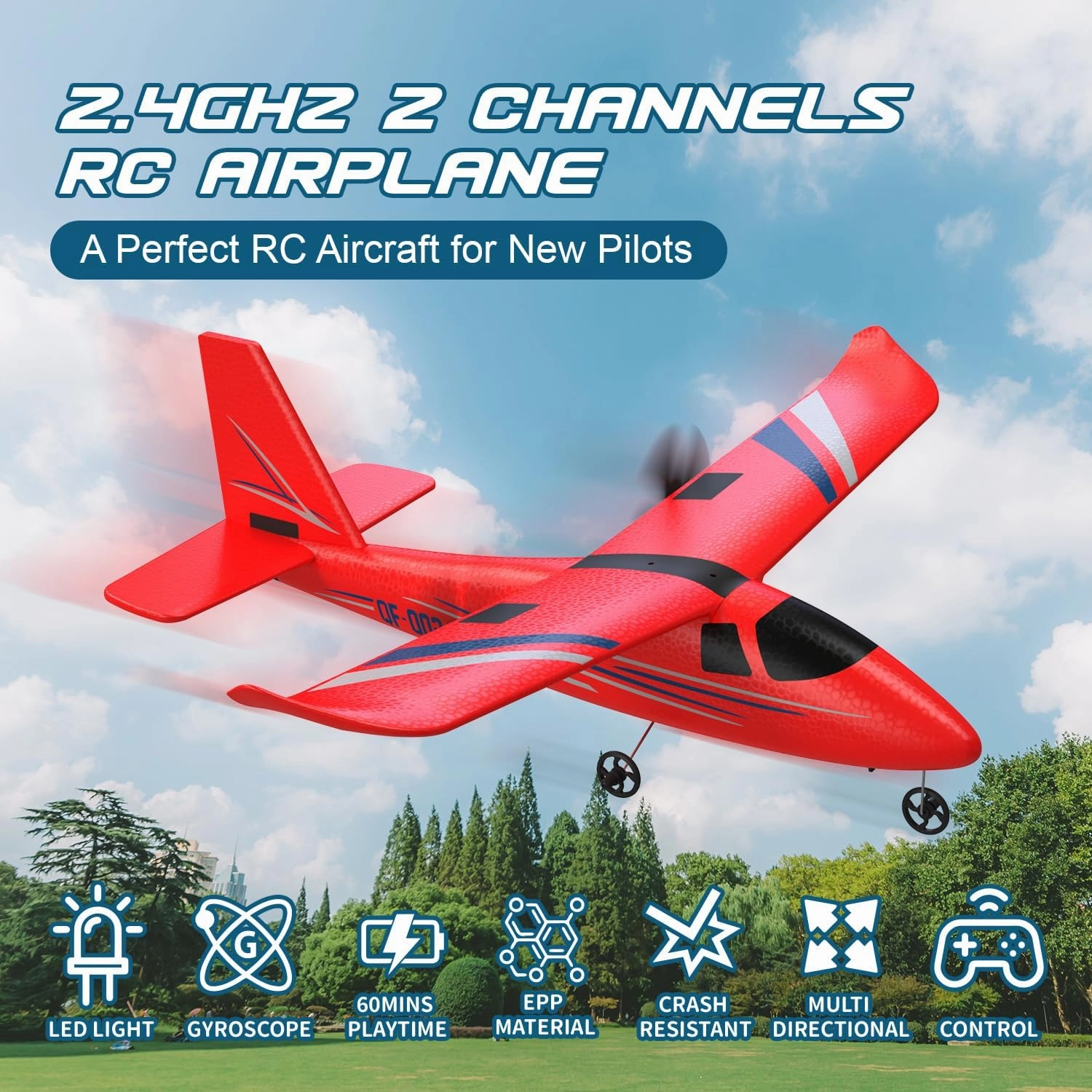 RC Airplane, 2.4GHZ Remote Control Airplane 2CH RC Plane, Hobby RC Airplanes Toy W/ 3 Batteries & Gyro Stabilizer, Easy to Fly for Beginners Kids Boys Girls Adults (Red)