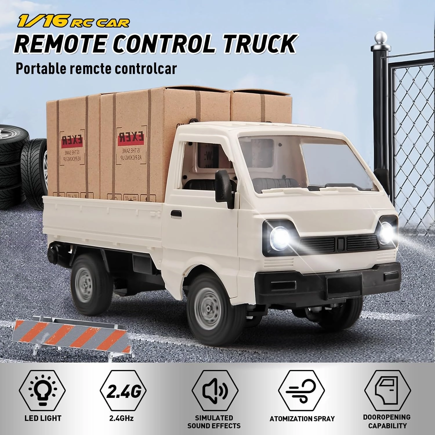 RC Car 1/16 RC Drift Car RTR Remote Control Racing Pickup Truck 2WD Truck Drift Crawler Off Road 2.4G with Spray Music and Light Vehicle Hobby Grade Toy Model for Kids and Adult (White-1)