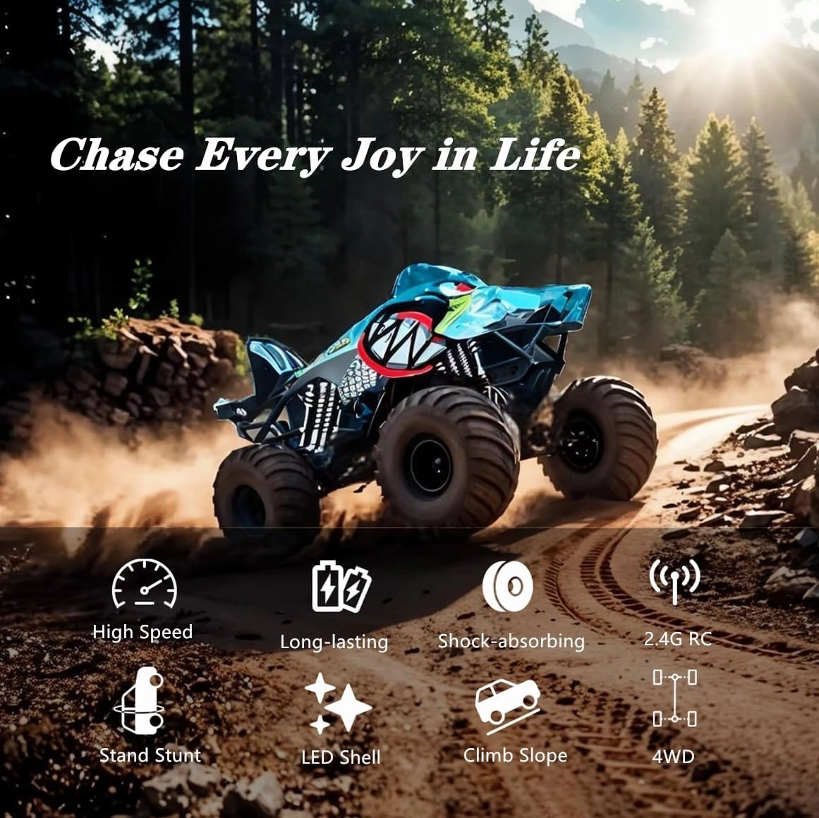 RC Shark Monster Truck Toy 1:16 2.4GHz Remote Control Car 2 Speeds with Light Sound Sprayer 2 Rechargeable Batteries Kids Gifts for Boys Girls Ages 6-12 Years Old-Blue