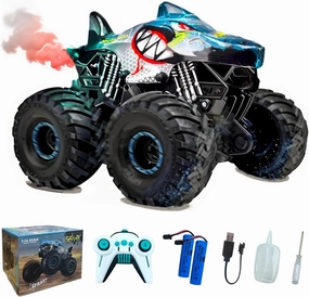 RC Shark Monster Truck Toy 1:16 2.4GHz Remote Control Car 2 Speeds with Light Sound Sprayer 2 Rechargeable Batteries Kids Gifts for Boys Girls Ages 6-12 Years Old-Blue