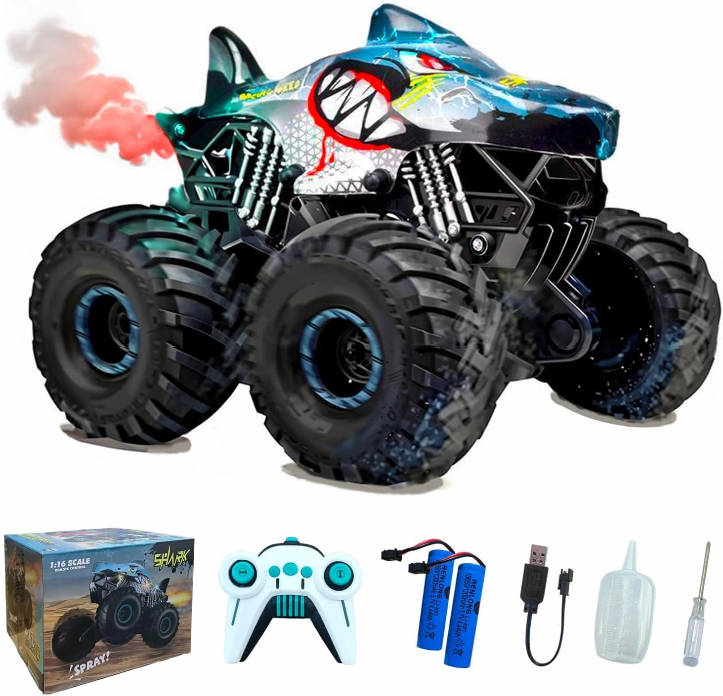 RC Shark Monster Truck Toy 1:16 2.4GHz Remote Control Car 2 Speeds with Light Sound Sprayer 2 Rechargeable Batteries Kids Gifts for Boys Girls Ages 6-12 Years Old-Blue