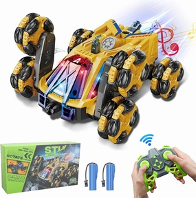 RC Stunt Car for Boys Age Above 12, 2.4 G RC Drift Stunt Car, 360° Rotating Remote Control Cars Toy for Kids, with 2 Batteries& Spray& LED Lights, Birthday Gifts for Kids (Yellow (6 Wheel))