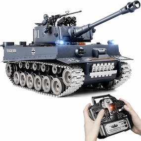 RC Tank, 1:18 Alloy Metal German Tiger I Remote Control Army Model Toys, 2.4Ghz RC Vehicle with Smoke, Sound and Lights, Military Tank That Shoots BBS and Water Bombs for Adults and Kids