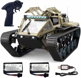 RC Tank Car, 1:16 Remote Control Crawler 10KM/H High Speed Tank, 2.4Ghz RC Rock Crawler Off-Road 4WD 360°Rotating Drifting Car with 2 Batteries, Military Truck Toy for Kids