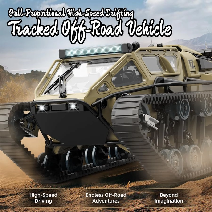 RC Tank Car, 1:16 Remote Control Crawler 10KM/H High Speed Tank, 2.4Ghz RC Rock Crawler Off-Road 4WD 360°Rotating Drifting Car with 2 Batteries, Military Truck Toy for Kids