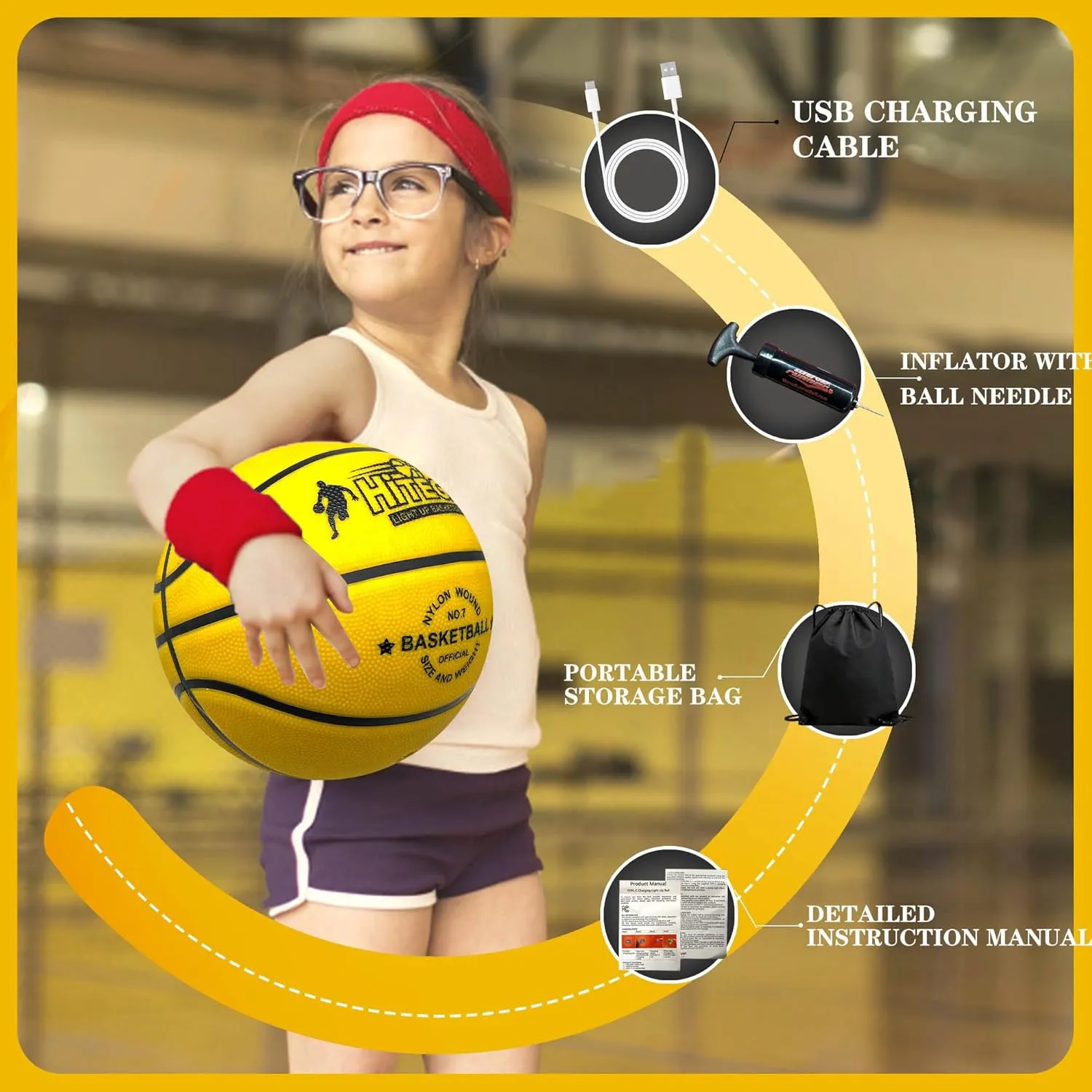 Rechargeable Glow in The Dark Basketball - USB Charging, Water-Resistant, Size 7, Impact Activated, Includes Pump & Charging Cable - Rechargeable Light Up Basketball - Yellow
