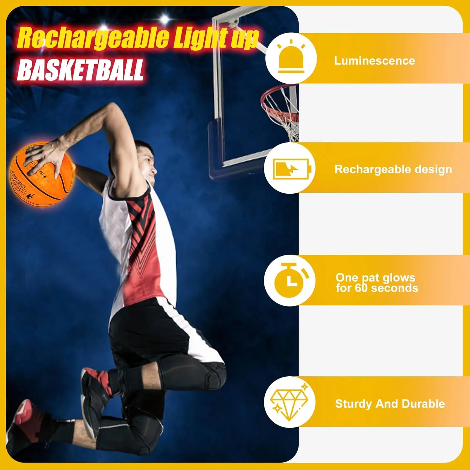 Rechargeable Glow in The Dark Basketball - USB Charging, Water-Resistant, Size 7, Impact Activated, Includes Pump & Charging Cable - Rechargeable Light Up Basketball - Yellow