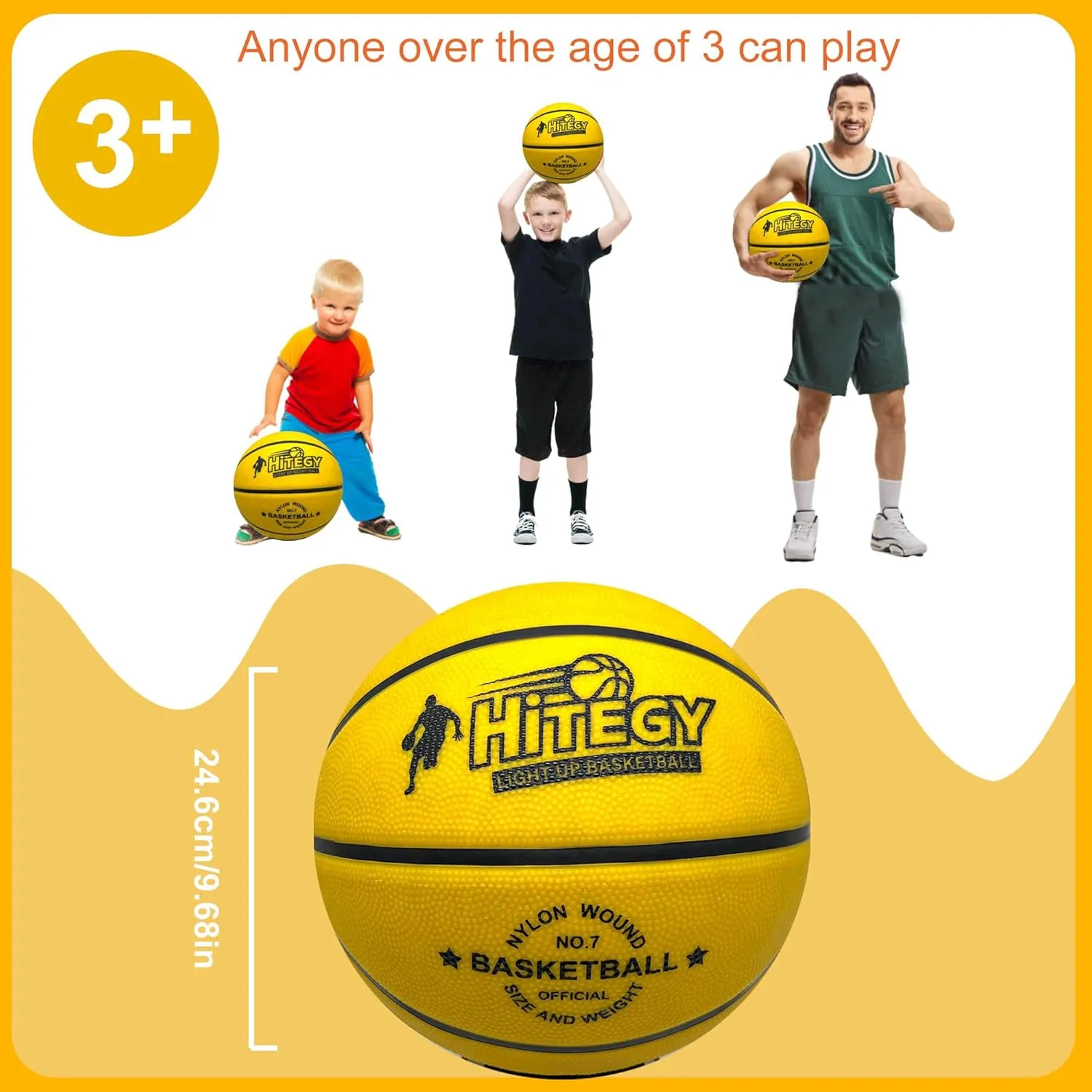 Rechargeable Glow in The Dark Basketball - USB Charging, Water-Resistant, Size 7, Impact Activated, Includes Pump & Charging Cable - Rechargeable Light Up Basketball - Yellow