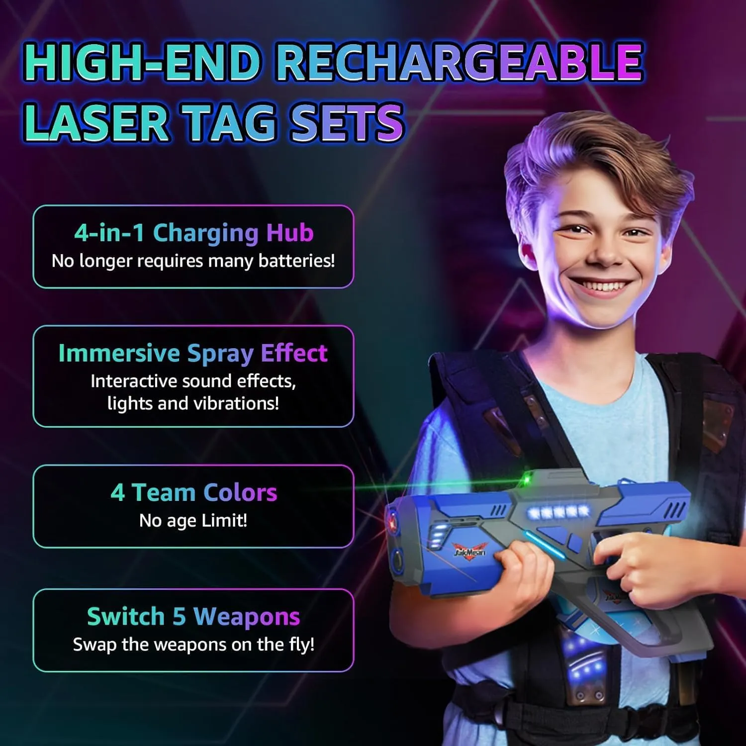 Rechargeable Laser Tag Set with Vests, Upgrade Laser Tag Guns Set of 4 with Mist Spray Effect & LED Digital, Multi Player Laser Tag Set for Kids Toy for Teen Boys & Girls, Ages 8 
