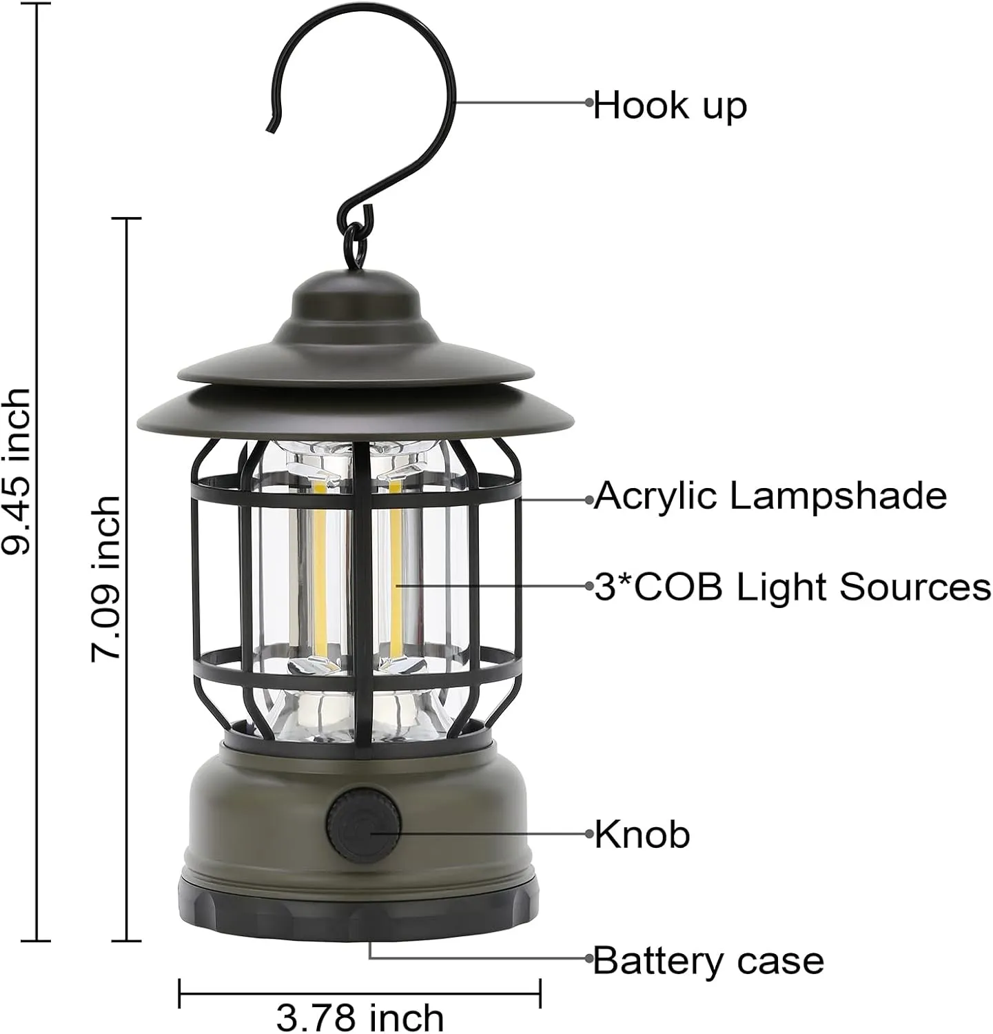 Rechargeable Portable LED Camping Lanterns, Vintage Style Tabletop Lantern, Stepless Dimming, Waterproof - Green, 2 Pack for Camping, Hanging Tent Light, and Power Outages