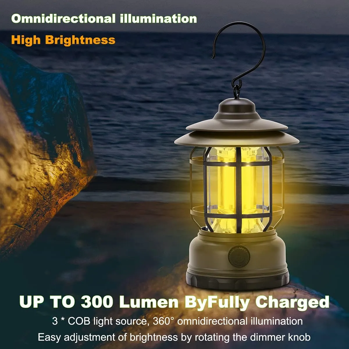 Rechargeable Portable LED Camping Lanterns, Vintage Style Tabletop Lantern, Stepless Dimming, Waterproof - Green, 2 Pack for Camping, Hanging Tent Light, and Power Outages