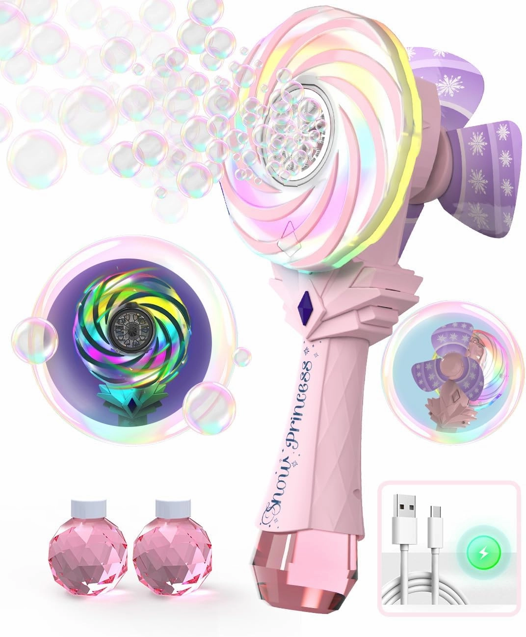 Rechargeable Bubble Wand - Bubble Machine for Kids with Color-Changing Lights & Windmill Lollipop Design - Gifts Toys Ages 3  for Boys, Girls, Easter, Outdoor, Birthday, Party Use