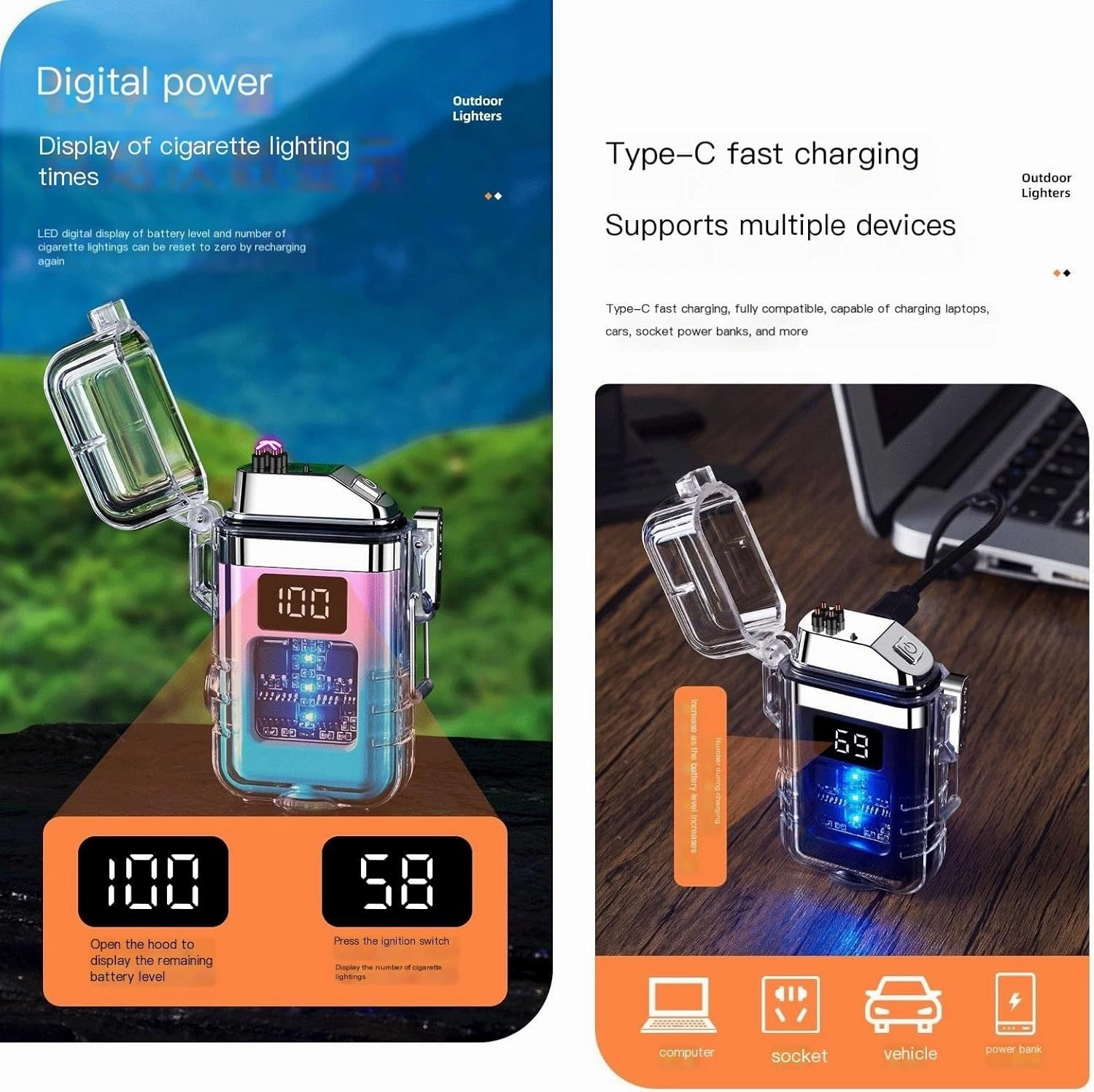 Rechargeable Electric Lighters, Dual Arc Lighter, Windproof Plasma Lighter, Waterproof Flashlight Lighter, Flameless Lighter with Lanyard forCamping (Color : Pink)