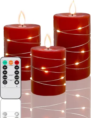 Red Flameless Candles with String Lights Battery Operated LED Pillar Candles 4‘’ 5‘’ 6‘’ Candle with Remote Control,Fake Candle Set of 3 for Christmas or Special Festivals Decorations