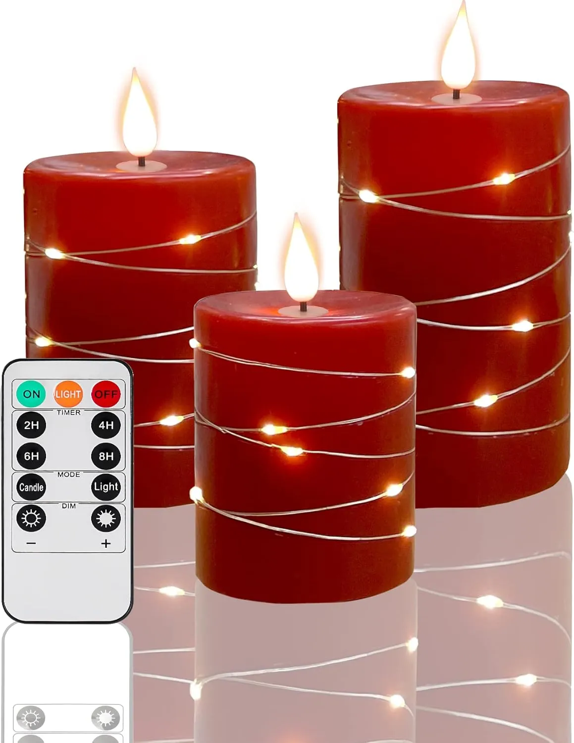 Red Flameless Candles with String Lights Battery Operated LED Pillar Candles 4‘’ 5‘’ 6‘’ Candle with Remote Control,Fake Candle Set of 3 for Christmas or Special Festivals Decorations
