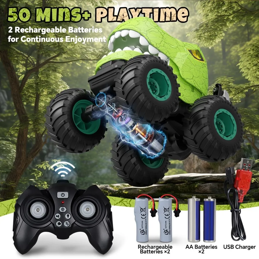 Remote Control Car for Boys 4-7 8-12, Dinosaur Monster Truck Toys with 50min  Runtime, Spray, LED Light, 360° Rotating & 90° Driving, RC Stunt Car for Kids Birthday