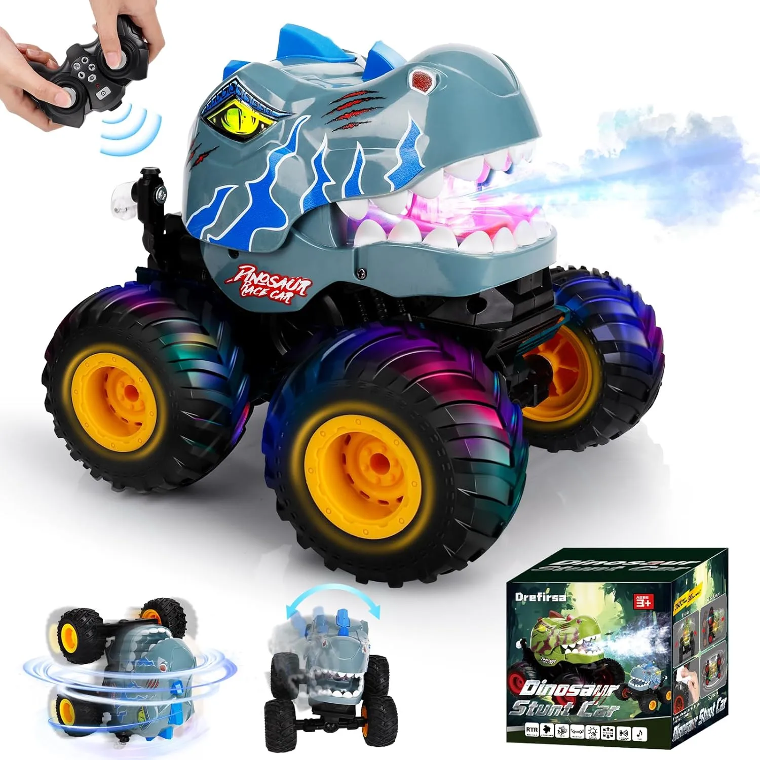 Remote Control Car for Boys 4-7 8-12, Dinosaur Monster Truck Toys with 50min  Runtime, Spray, LED Light, 360° Rotating & 90° Driving, RC Stunt Car for Kids Birthday