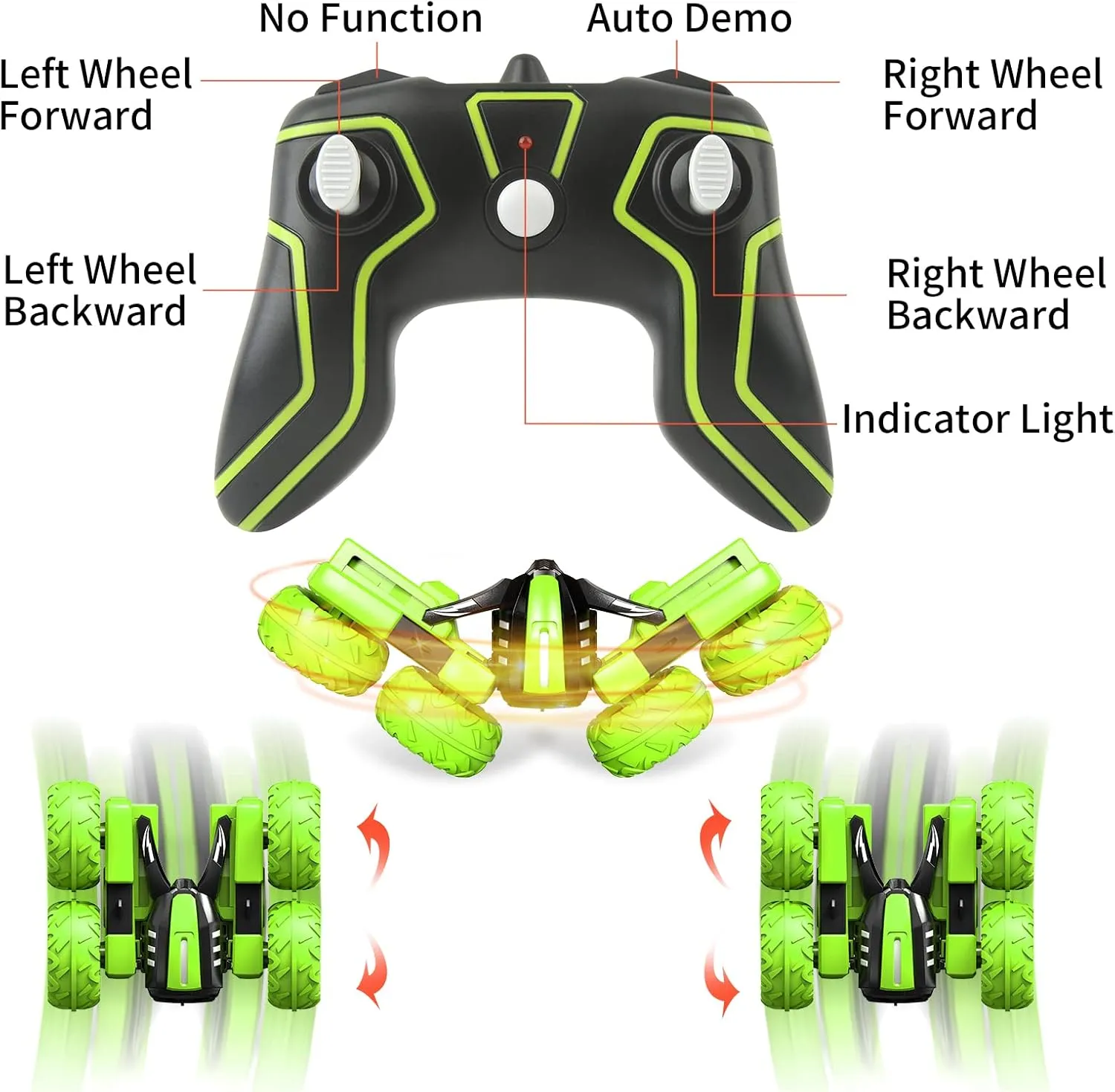 Remote Control Car for Kids 3-12 Years Old, Birthday Gift Toy for Boys Age 4 5 6 7 8, RC Car Stunt with Light 4WD Double Side Racing Vehicle 360° Flips Offroad Indoor Outdoor Sand Grass Garden Green