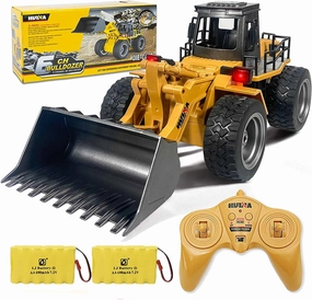Remote Control Bulldozer Toy Truck, 1/18 Scale RC Metal Rc Front Loader 4WD Construction Vehicles for Boys Girls Kids with Rechargeable Two Battery 6 Year