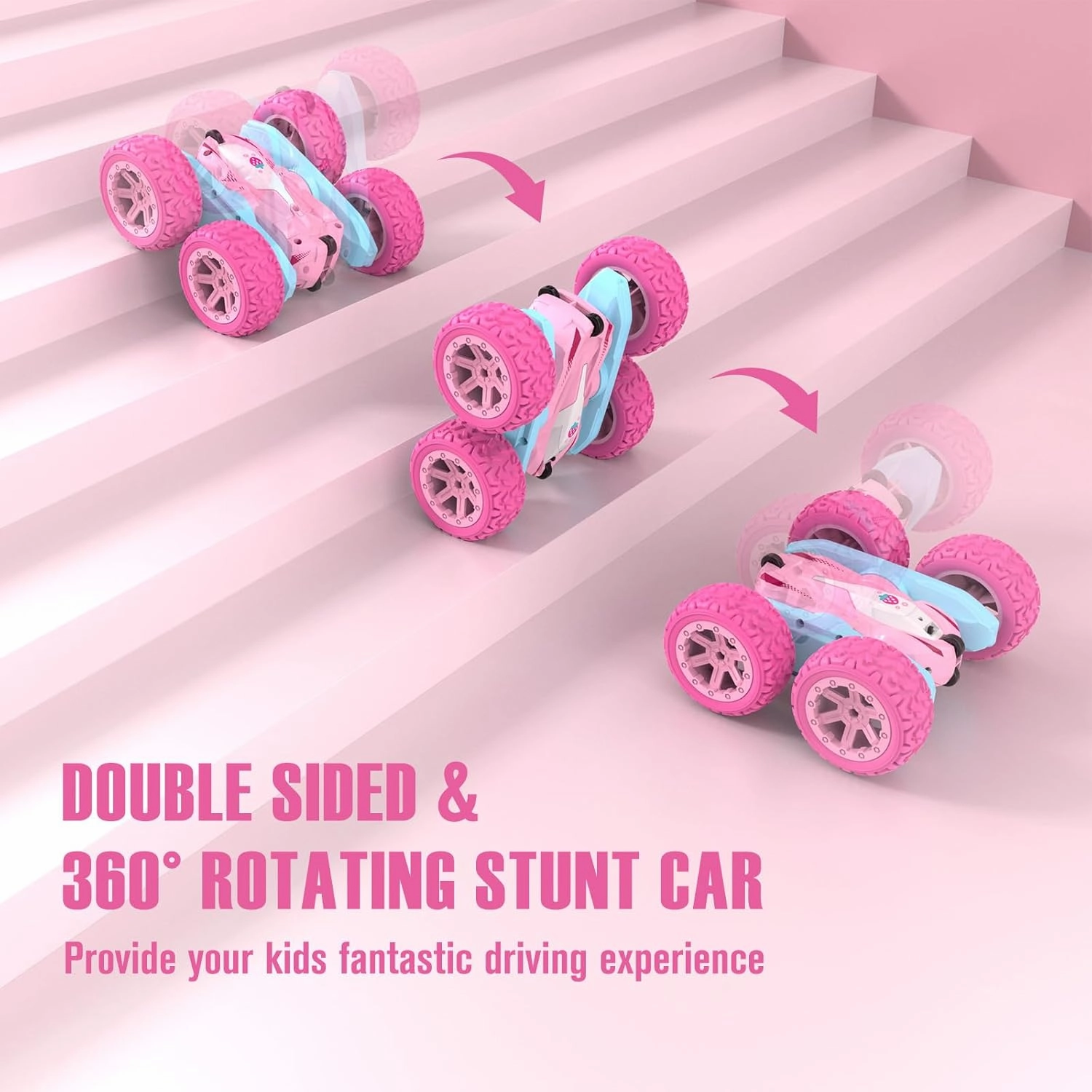 Remote Control Car, Pink RC Cars for Girls, Rechargeable RC Truck, 2.4Ghz Double Sided 360° Rotating Stunt Car Toy with Headlights, Birthday Gift for Kids Age 3 