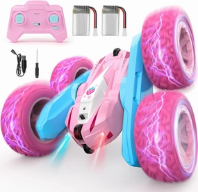 Remote Control Car, Pink RC Cars for Girls, Rechargeable RC Truck, 2.4Ghz Double Sided 360° Rotating Stunt Car Toy with Headlights, Birthday Gift for Kids Age 3 