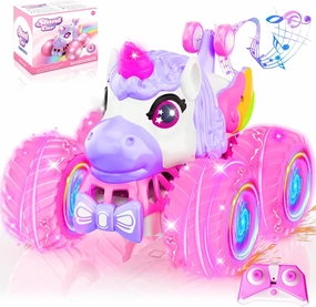 Remote Control Car Toys for Girls, 360° Rotating, 4WD RC Stunt Cars, Unicorn Monster Trucks with Lights and Music, 2.4 GHz, Rechargeable, Various Terrain Pink Car, Girl Birthday Gift Age 3-10 Year Old
