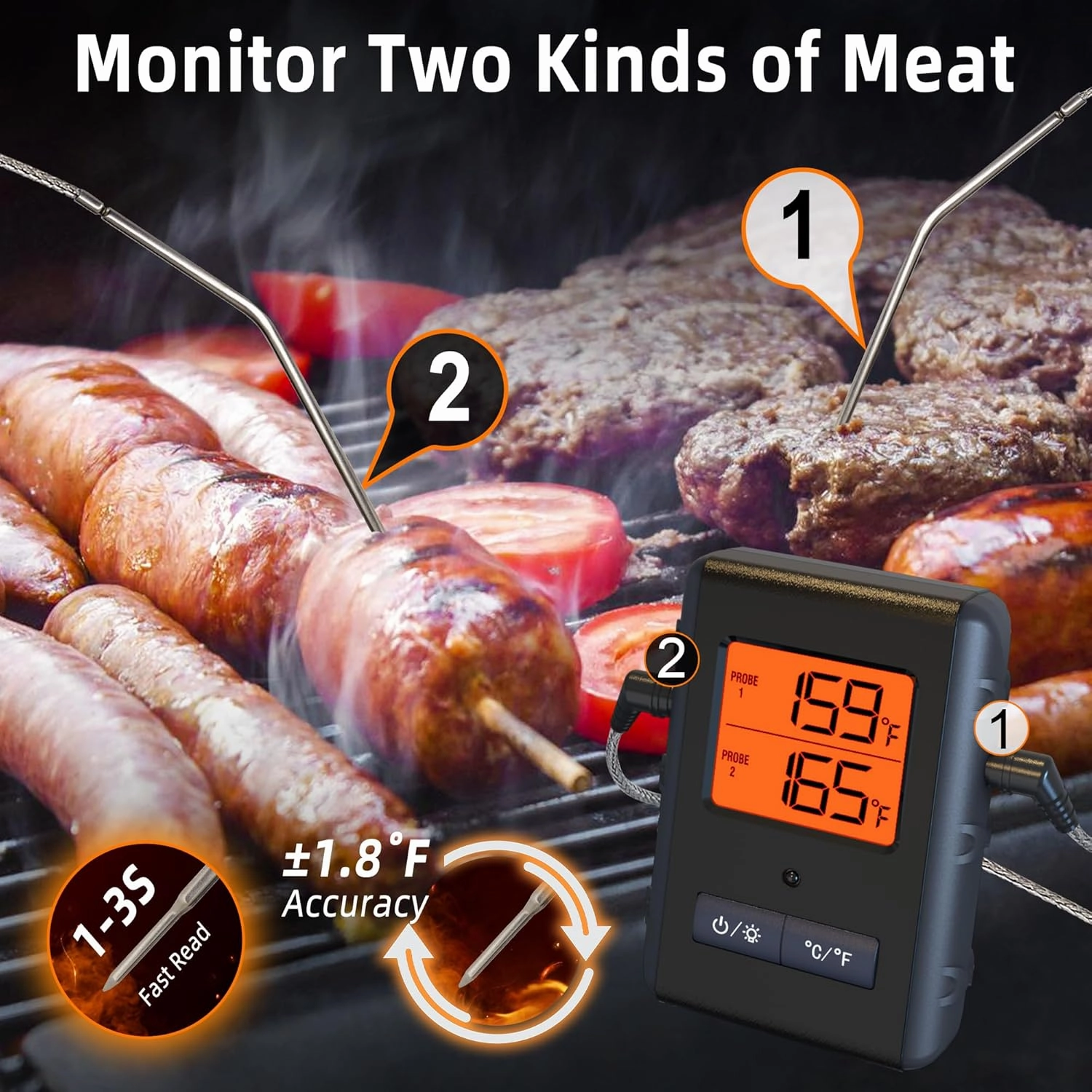 Remote Meat Thermometer Wireless, Vauno Wireless Meat Thermometer for Grilling and Smoking with Dual Meat Probe, Kitchen Timer, Digital Cooking Food Thermometer for Smoker BBQ Oven Outside Grill