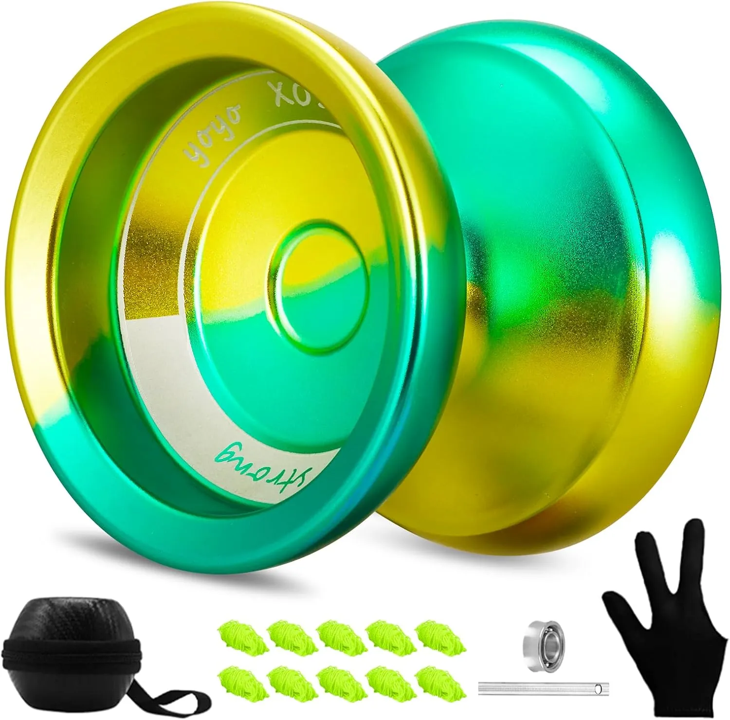Responsive Yoyo Professional Yoyo for Kids Fingerspin Yo Yo for Adults Kids Pro Trick Yoyos with Unresponsive Yoyos Bearings Kit, 10 Yo-Yo Strings, Case and Gloves (Yellow & Green)