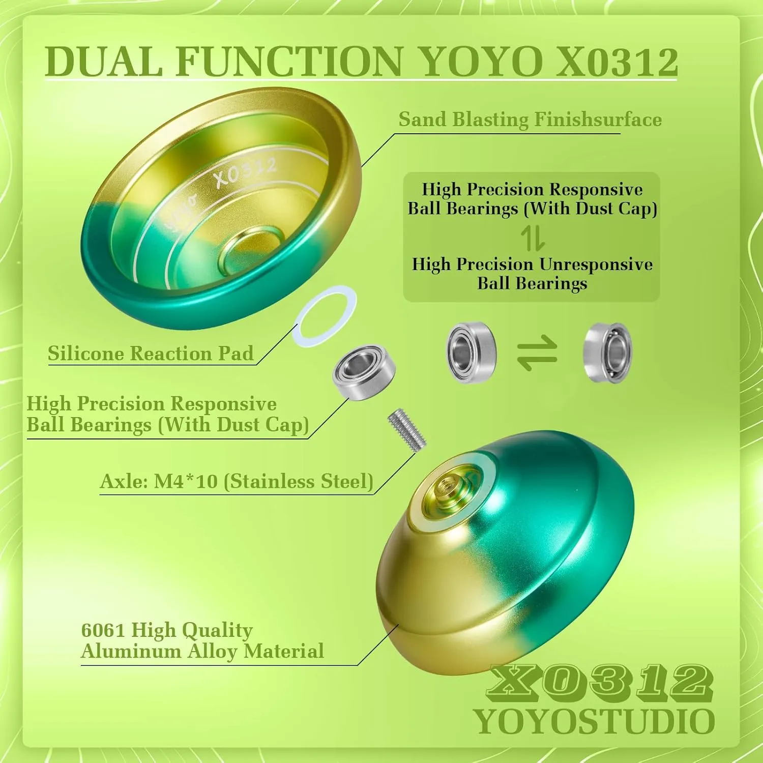 Responsive Yoyo Professional Yoyo for Kids Fingerspin Yo Yo for Adults Kids Pro Trick Yoyos with Unresponsive Yoyos Bearings Kit, 10 Yo-Yo Strings, Case and Gloves (Yellow & Green)