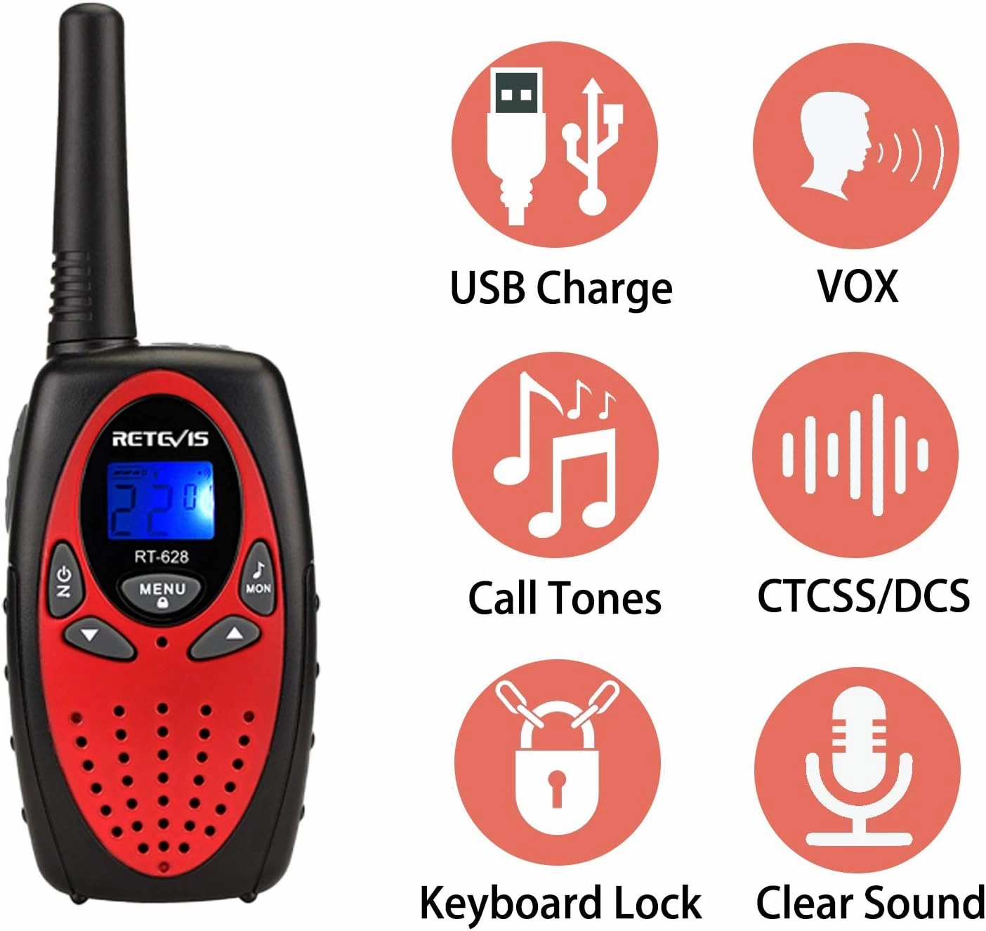 Retevis RT628 Walkie Talkies for Kids Rechargeable,Long Range 2 Way Radio 22 CH Backlit LCD Screen VOX,Toys Gifts for 6-12 Years Old Boys Girls,Indoor Outdoor Adventure(Red, 2 Pack)
