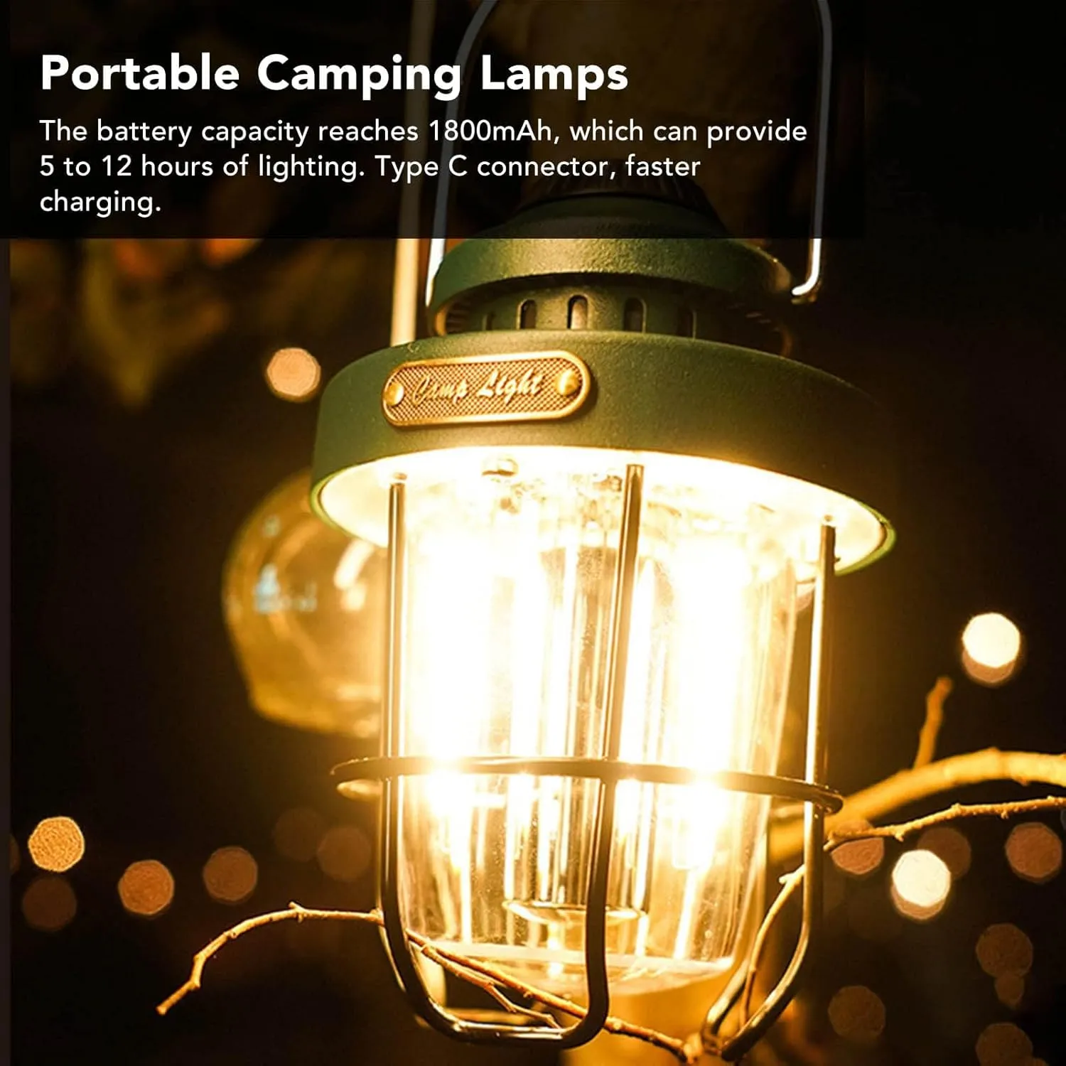 Retro USB Camping Lantern, Rechargeable Lamp, 3 Light Modes, IPX4 Waterproof for Outdoor Adventures, Emergency Camping Light, 1800Mah Battery(Green)