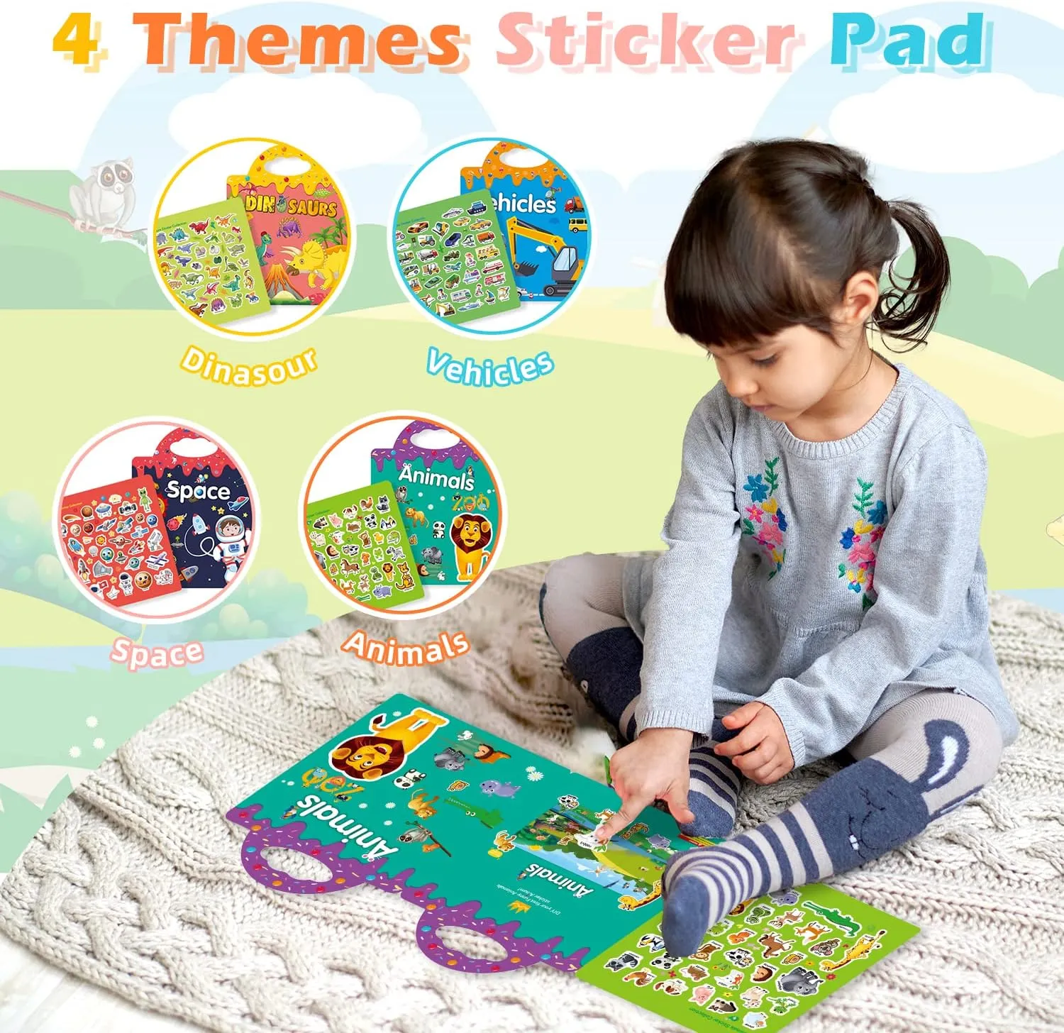 Reusable 4-Set Sticker Books for Toddlers 2-4, Toy Stickers Pad Reusable Sticker Books for Toddlers 1-3 Fashion Activity, Birthday Gift Toy for Girl Boy(Animals, Dinosaurs, Space, Vehicles)