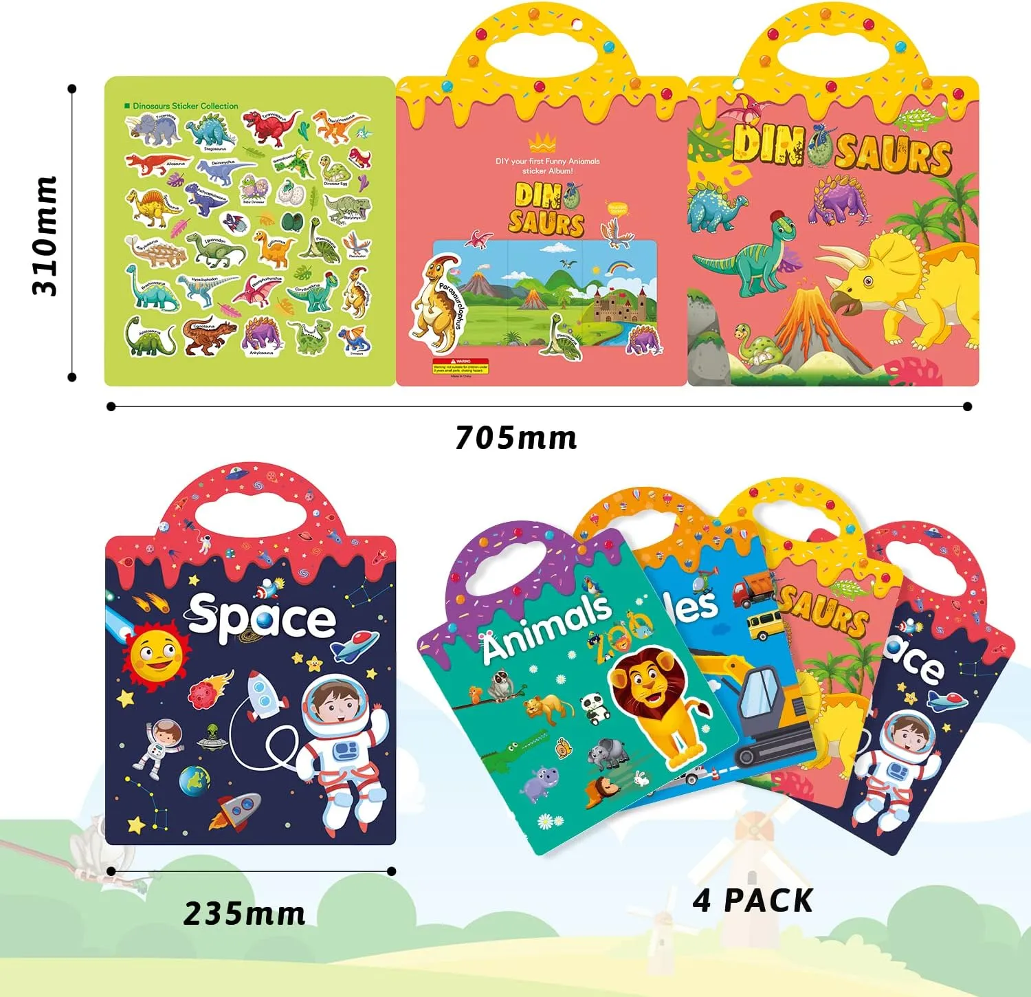 Reusable 4-Set Sticker Books for Toddlers 2-4, Toy Stickers Pad Reusable Sticker Books for Toddlers 1-3 Fashion Activity, Birthday Gift Toy for Girl Boy(Animals, Dinosaurs, Space, Vehicles)
