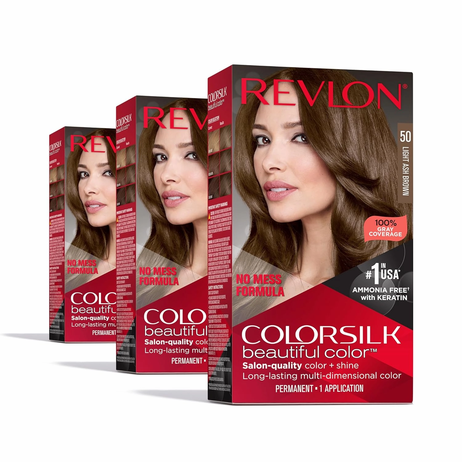 Revlon Colorsilk Beautiful Color Permanent Hair Color, (OLD VERSION) 50 Light Ash Brown (Pack of 3)