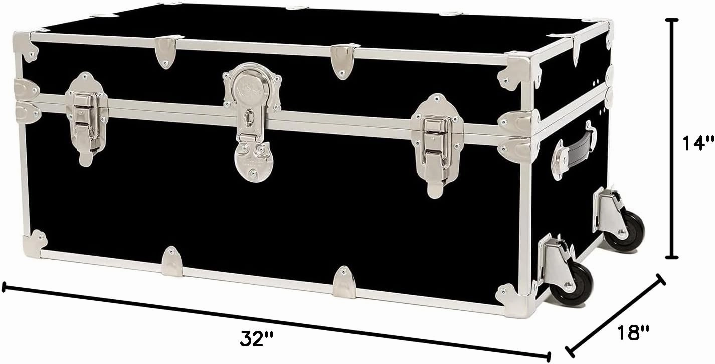 Rhino Trunk & Case Large Armor Camp Trunk with Removeable Wheels - Secure Dorm Storage Chest, Ideal Summer Camper Footlocker, Strong College Trunks - Seats 1000  Pounds - 32"x18"x14" (Black)